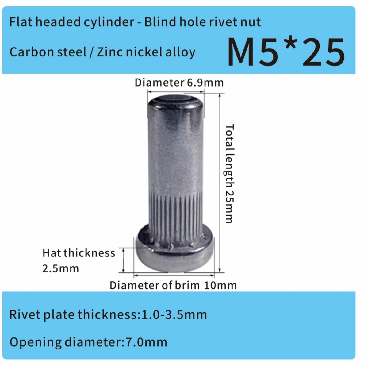 Flachkopf-Nietmutter aus Zink-Nickel-Legierung aus Stahl mit geschlossenem Ende M5 EV Automotive Flachkopf-Nietmutter aus Zink-Nickel-Legierung aus Stahl mit geschlossenem Ende M5 EV Automotive