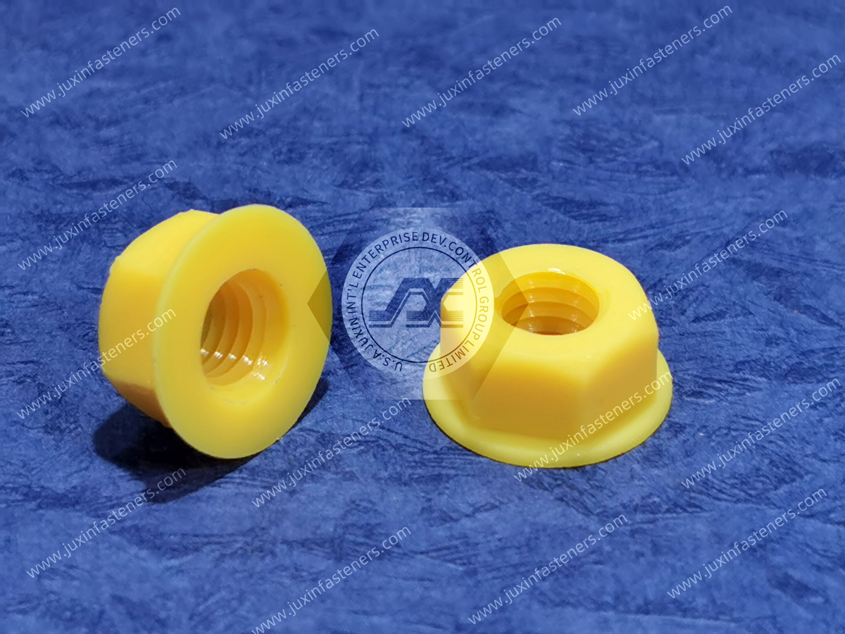 Metrische Sechskant-Flanschmuttern aus gelbem Nylon 66 Metrische Sechskant-Flanschmuttern aus gelbem Nylon 66