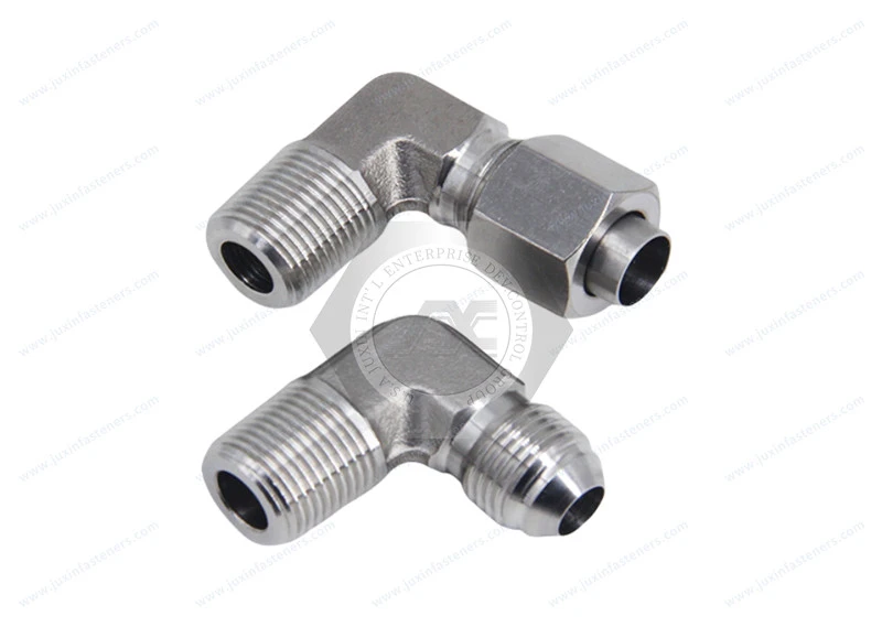 Q654 rechtwinklige Rohrverbindung mit konischem, aufgeweitetem Gewinde und 37&deg; aufgeweiteten Fittings mit Gewindedichtmittel f&uuml;r Edelstahlrohre