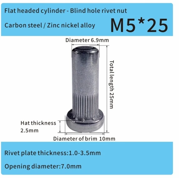 Flachkopf-Nietmutter aus Zink-Nickel-Legierung aus Stahl mit geschlossenem Ende M5 EV Automotive